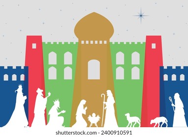 Christmas Nativity Scene - Three Wise Men and shepherd adoration