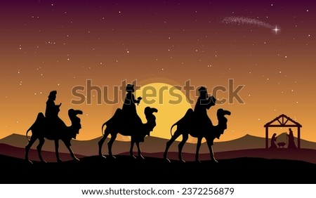 Christmas Nativity Scene: Three Wise Men go to the manger in the desert at dusk.