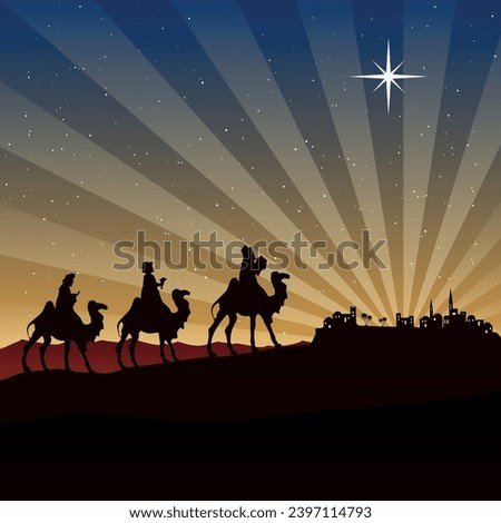Christmas Nativity Scene - Three Wise Men go to Bethlehem in the desert at night