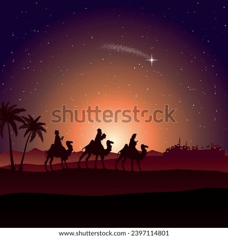 Christmas Nativity Scene - Three Wise Men go to Bethlehem in the desert at night
