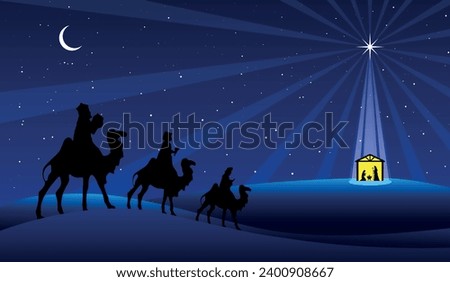 Christmas Nativity Scene - Three Wise Mens go to the stable in the desert at night