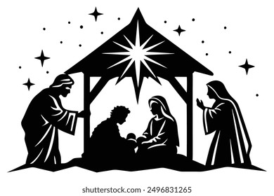 Christmas Nativity Scene Vintage Woodcut Style Vector Illustration - Cartoon, Clipart  Line Art Design Vintage woodcut style Christmas nativity scene vector in cartoon, clipart, and line art