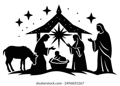 Christmas Nativity Scene Vintage Woodcut Style Vector Illustration - Cartoon, Clipart  Line Art Design Vintage woodcut style Christmas nativity scene vector in cartoon, clipart, and line art