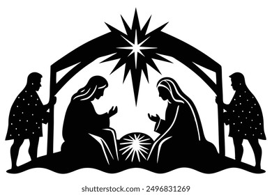 Christmas Nativity Scene Vintage Woodcut Style Vector Illustration - Cartoon, Clipart  Line Art Design Vintage woodcut style Christmas nativity scene vector in cartoon, clipart, and line art