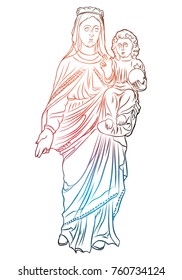 Christmas nativity scene of Virgin Mary holding baby Jesus, hand drawn sketch for Christmas holiday template. Saint Mary and holy baby religious holiday scene.
Vector. 
