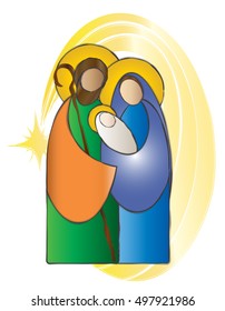 Christmas nativity simple color vector illustration - Holy family Mary Joseph and baby Jesus