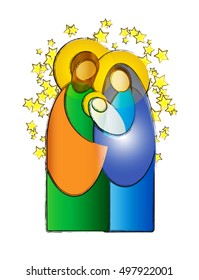 Christmas nativity simple color vector illustration - Holy family Mary Joseph and baby Jesus