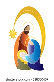 Christmas nativity simple color vector illustration - Holy family Mary Joseph and baby Jesus