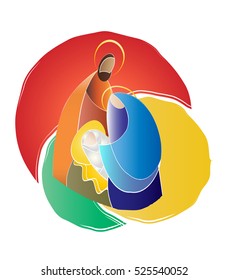 Christmas nativity simple color vector illustration - Holy family Mary Joseph and baby Jesus