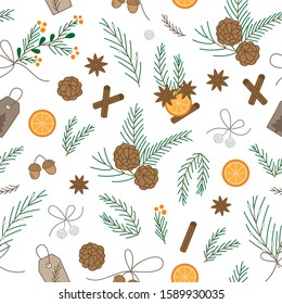 Christmas natural vector seamless pattern. Festive, holiday, winter, tree branches, plants, fruit, nuts and decoration hand drawn illustrattions. Isolated.
