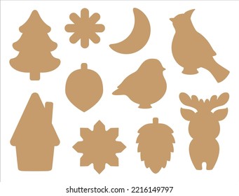 Christmas nature decal cut file pattern. Silhouette shapes of cardinal bird, bullfinch, fir cone, deer, moon. Winter holiday items isolated contours. Vector templates for cookies, paper craft, tags.