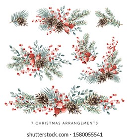 Christmas nature design arrangements collection, white background. Green pine, fir twigs, cones, red berries. Vector illustration. Greeting card, poster elements. Winter Xmas holidays