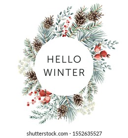 Weihnachten Natur Design Kreis Rahmen, Text Hallo Winter, weißer Hintergrund. Grüne Kiefer, Tannengewächse, Zapfen, rote Beeren. Vektorgrafik. Grußkarte, Plakatvorlage. Weihnachtsferien