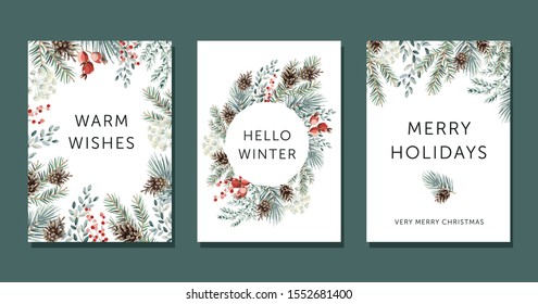 Christmas Nature Design Greeting Cards Template, Circle Frame, Text Hello Winter, Warm Wishes, Merry Holidays, White Background. Green Pine, Fir Twigs, Cones, Red Berries. Vector Xmas Illustration