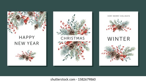 Christmas nature design greeting cards template, arrangements, text Winter, Happy New Year, Merry Holidays, white background. Green pine, fir twigs, cones, red berries. Vector xmas illustration