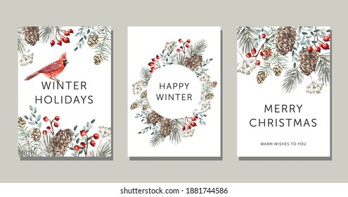 Christmas nature design greeting cards template, round frame, text, white background. Green pine, fir twigs, cedar cones, red berries, cardinal bird. Vector xmas illustration. Winter forest