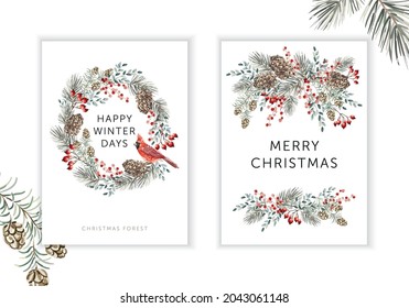 Christmas nature design greeting cards template, round wreath, text, white background. Green pine, fir twigs, cedar cones, red berries, cardinal bird. Vector xmas illustration. Winter forest