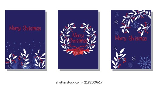 Christmas nature design greeting cards template, circle frame, Merry Christmas, Merry Holidays, blue background. Green pine, fir twigs, cones, red berries. Vector illustration.