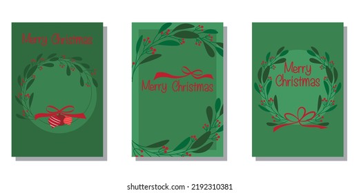 Christmas nature design greeting cards template, circle frame, Merry Christmas, Merry Holidays, Green background. Green pine, fir twigs, cones, red berries. Vector illustration.