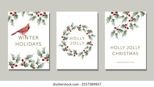 Christmas nature design greeting cards template, wreath, text, white background. Green holly twigs with red berries, cardinal bird. Vector  illustration. Winter forest. New year holidays