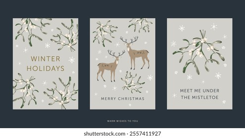 Christmas nature design greeting cards template, text, gray background. Mistletoe twigs with white berries, deer animal, snowflakes. Vector illustration. Winter forest. New year holidays