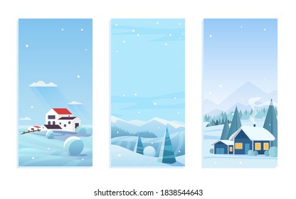 Christmas nature landscape vector illustration set. Cartoon flat frost scenery for winter season, Christmas and new year holidays with village houses under snow on snowy hills, snowballs background