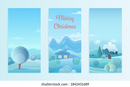 Christmas nature landscape vector illustration set. Cartoon flat frost scenery for winter season, Christmas and new year holidays with village houses under snow on snowy hills, snowballs background