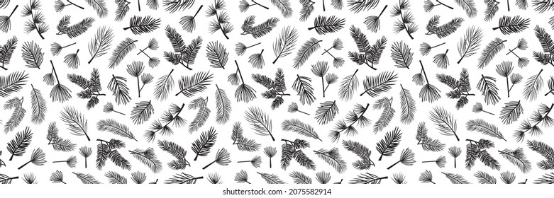 Christmas nature vector seamless pattern. Pine tree branch, fir twig and cone, black winter plant isolated on white background. Vintage holiday illustration