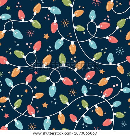 Christmas Navidad lights pattern. New Year String Colorful Fairy Lights on Dark Background Vector Seamless Pattern. Winter Holiday Print.