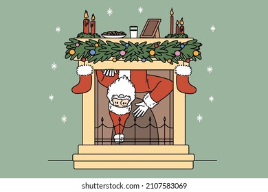 Christmas and Near year holidays concept. Santa Claus in traditional red costume and hat hanging in chimney ready to get presents in socks vector illustration 