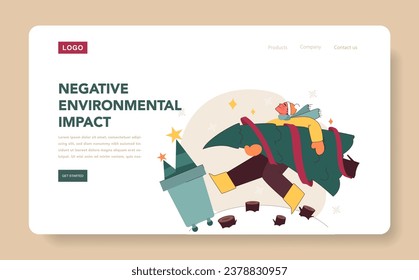 Christmas' negative impact on environment web banner or landing page. Man throwing away a Christmas tree after holidays. Deforestation ecological problem. Flat vector illustration