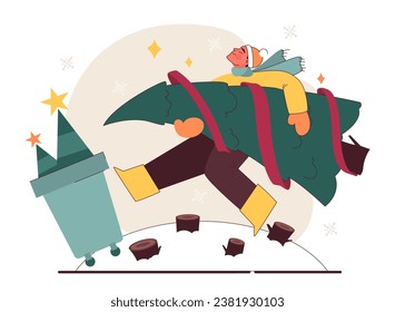 Christmas' negative impact on environment. Man throwing away a Christmas tree after holidays. Deforestation ecological problem. Negative sides of festive traditions. Flat vector illustration