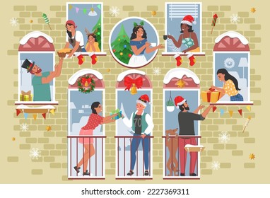 Christmas neighbors vector. Happy people neighbors in home building window congratulating and greeting each other. Quarantine on holidays, social distancing, stay home concept