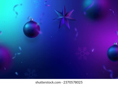 fondo de neón navideño con bolas colgantes y una estrella. El neón azul-violeta resplandece. Fondo de pantalla Vector, tarjeta de felicitación, medios sociales. 