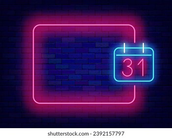 Christmas neon banner. Calendar with 31 date. Empty pink frame. December holiday. Happy New Year. Poster on brick wall. Copy space. Bright flyer. Glowing poster. Editable stroke. Vector illustration