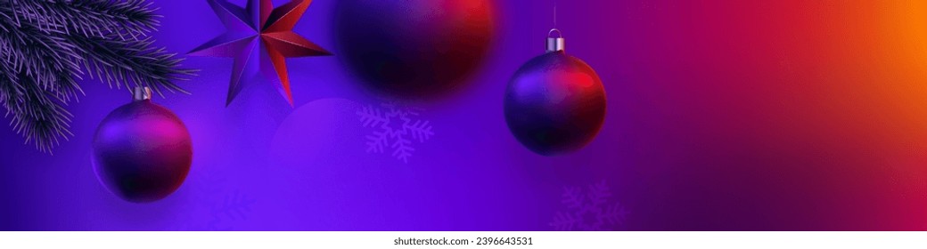 Christmas neon banner. Festive background with 3d balls, star, snowflakes and christmas tree branches. Xmas balls motion blur effect. Design for web header, social media banner.