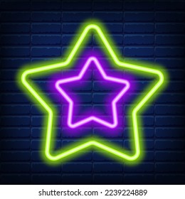Christmas neon green star icon. Neon green Christmas star shape on dark blue brick wall background. New Year symbol isolated vector Illustration suitable for flyer, banner, greeting card, poster.