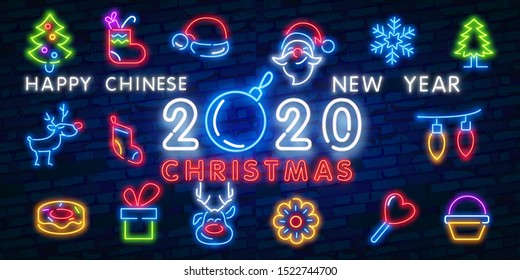 Christmas neon icon set. Merry Christmas and Happy New Year. Set neon icon, label, emblem. Bright signboard, light banner. Vector illustration