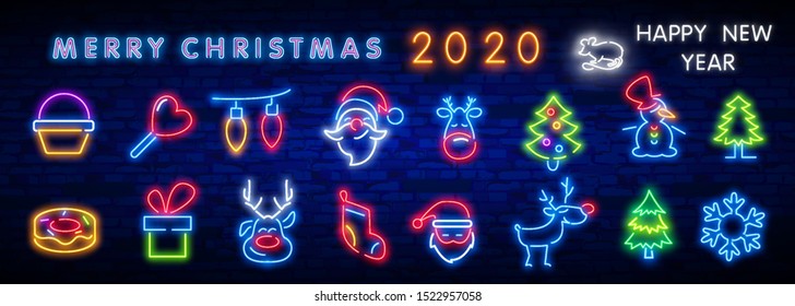 Christmas neon icon set. Merry Christmas and Happy New Year. Set neon icon, label, emblem. Bright signboard, light banner. Vector illustration