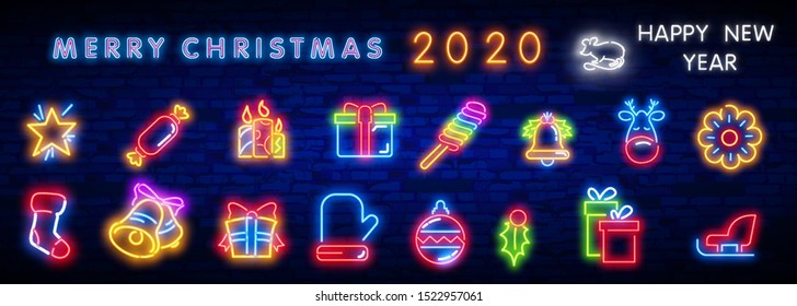 Christmas neon icon set. Merry Christmas and Happy New Year. Set neon icon, label, emblem. Bright signboard, light banner. Vector illustration