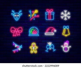 Christmas neon icons collection. Winter holiday celebration. Snow globe, gingerbread man and snowman. Happy New Year design. Season decoration. Vector stock illustration