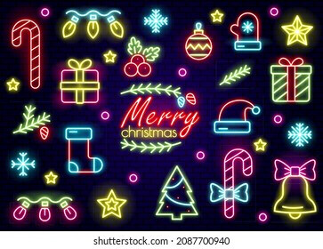 Christmas Neon Icons with Magic Sparkles. Gift box, christmas tree, Santa, angel, snowflake, stocking, candy-cane. Xmas, winter New Year concept