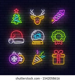 Christmas neon icons. Merry Christmas collection light signs. New Year and Xmas Neon isolated icons, emblem, design template. Sign boards, light banner. Vector Illustration