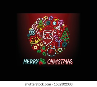 Christmas neon icons. Merry Christmas collection light signs. New Year and Xmas Neon isolated icons, emblem, design template. Sign boards, light banner. Vector Illustration - Vector