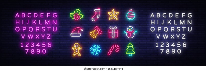 Christmas neon icons set. Happy Christmas collection light signs. Sign boards, light banner. Xmas Neon isolated icons, emblem, design template. Vector Illustration. Editing text neon sign.