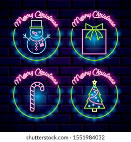 christmas neon icons with snowman gift candy and tree. vector illustration