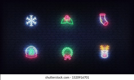 Christmas neon icons. Vector glowing neon colorful symbols for Xmas and New Year