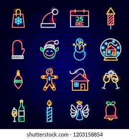 Christmas Neon Icons. Vector Illustration of Winter Holiday Symbols.