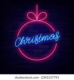 Christmas neon label. Christmas tree ball frame. Colorful advertising with lettering. Shiny greeting card. December holiday celebration. Glowing banner. Editing text. Vector illustration