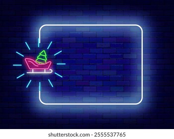 Christmas neon promotion. Season marketing and event. Empty white frame and Santa sledge. Vector stock illustration